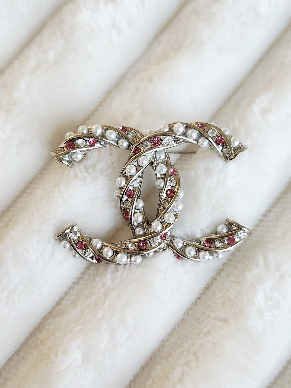 Authentic Chanel Pearl & Pink Crystal CC Brooch